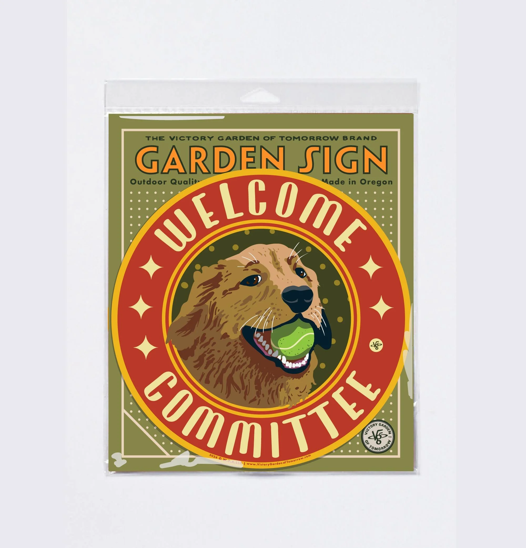 Welcome Committee Sign: Golden Retriever Dog with a Ball — Victory